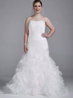 Galina Signature Strapless Lace Applique Ruffle Mermaid Wedding Dress 16W NWT